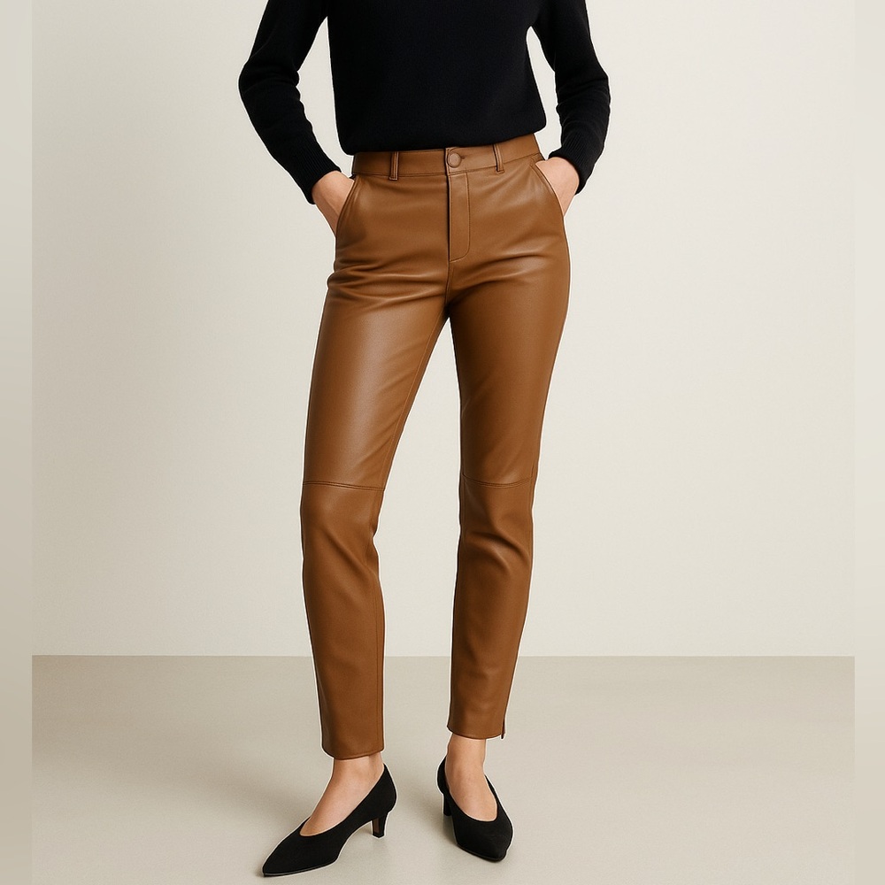 ZARA Faux Leather Pants Brown High Waisted Slim Fit Skinny Zip Hem Size M